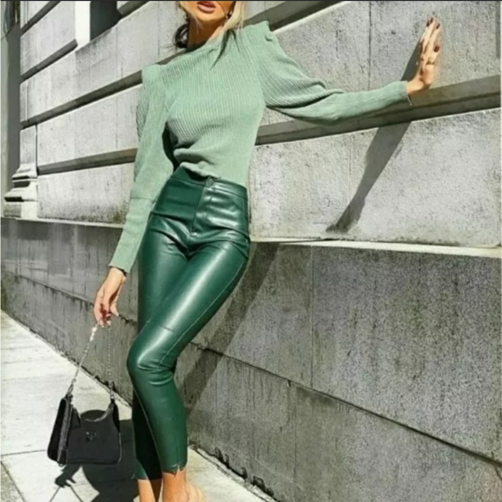 NWT Zara Faux Leather High Rise Leggings in Green 8372/234/500